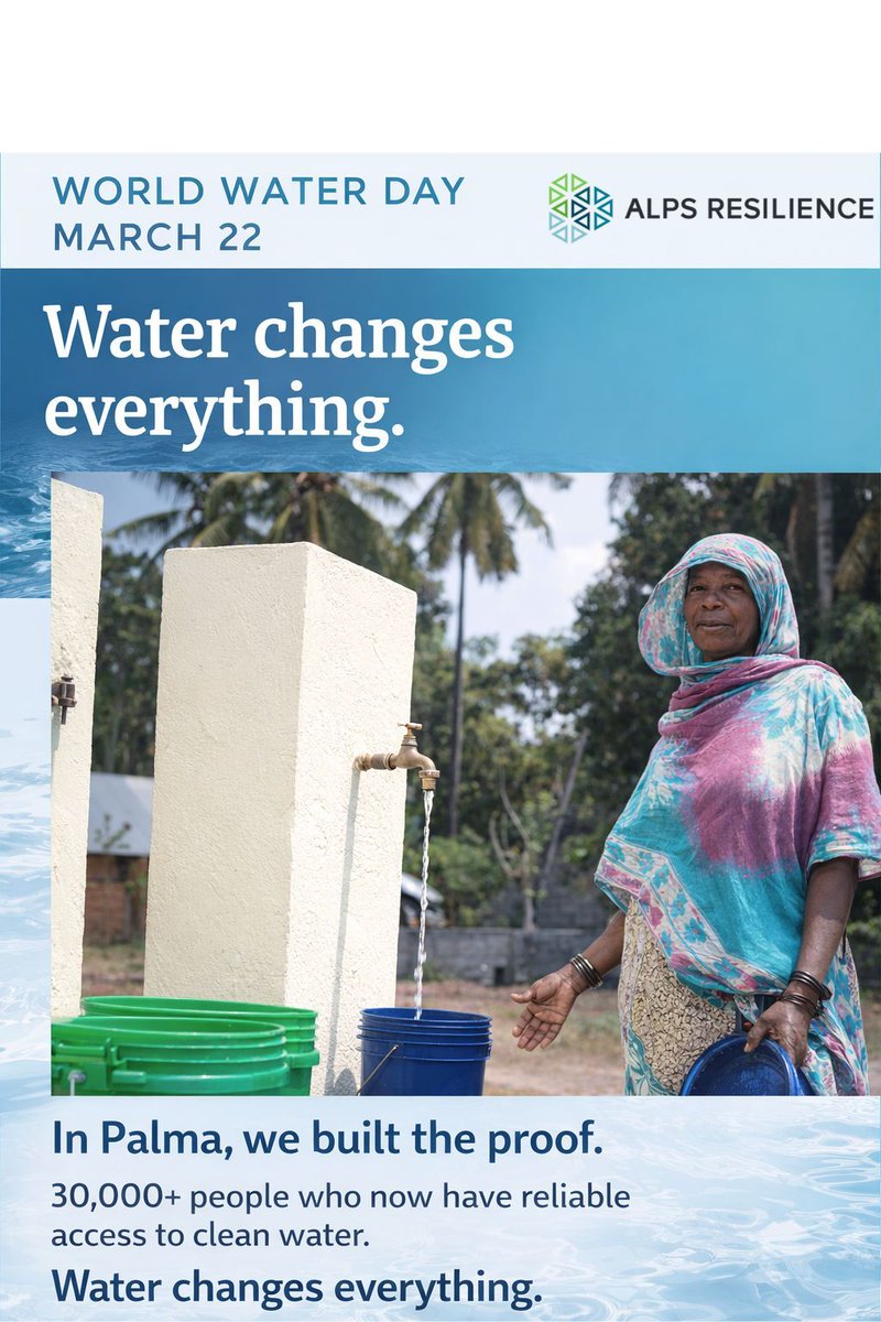 ALPSResilience's tweet photo. Before ALPS arrived in Palma, Mozambique, residents walked 2km for water and waited 30 mins. Today: 30,000+ people served, 80+ boreholes, 20+ solar towers. Water changes everything. #WorldWaterDay #CaboDelgado #WASH 💧 https://t.co/c4535Vjhnd