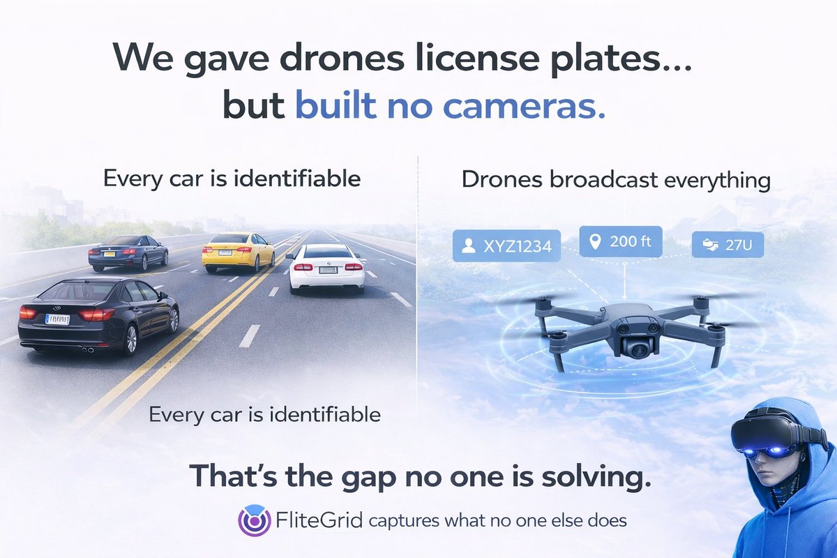 imagine if every car had a license plate…

…but traffic cameras didn’t exist.

that’s basically the drone ecosystem today.

millions of drones are broadcasting identity and location in real time.

almost nobody is capturing the signals.

until <a href="/FliteGrid/">FliteGrid</a> 

walk with me 🧵 🧵