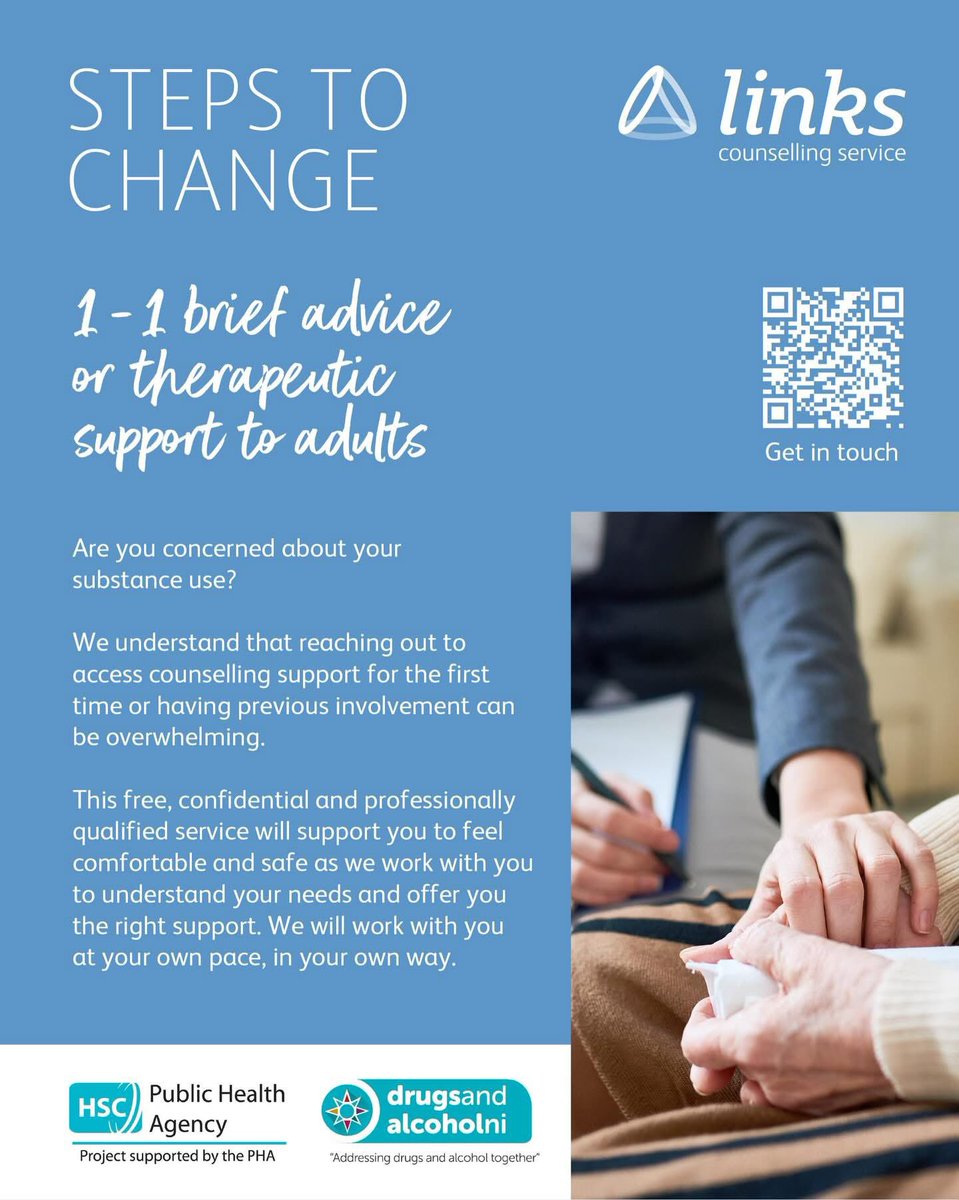 Steps to Change <a href="/linkscounsel/">Links Counselling Service</a> is providing counselling and support for adults affected by substance use. For information please visit the linkscounselling.com #NorthernTrustArea #southerntrustarea 
<a href="/publichealthni/">Public Health Agency</a> #StepsToChange