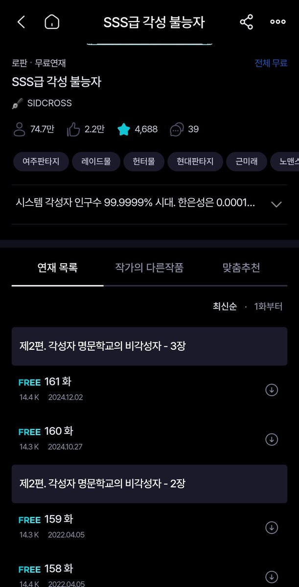 조아라에서 영원히 SSS급 각성불능자 를 기다림...
ㅜㅜ...
다른 작품 유료 연재 중이어서 이거까지 할 여력이 없다는 건 짐작되지만... ㅠㅠ 영원히 기다림....... 이만큼의 여주노맨스판타지 내 취향작이 없어서... 정말 세계 설정값도 여주 캐릭터성도 너무 취향임... 계속 기다림...