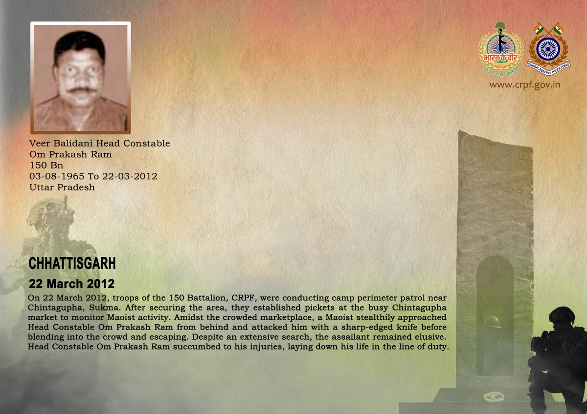 DG and all Ranks of #CRPF pay solemn tribute to HC/GD Om Prakash Ram of 150 Bn, who made the supreme sacrifice after being attacked by a Maoist during duty at the busy Chintagupha market, Sukma, Chhattisgarh on 22 March 2012 . #CRPF salutes the braveheart and pledges never to let