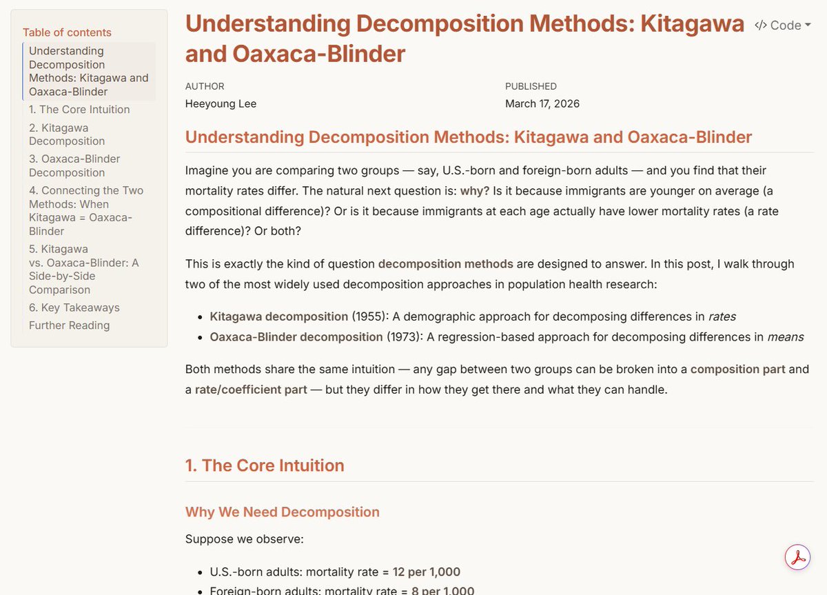 idlhy0218's tweet photo. 📊#8 Stats Lab: Understanding Decomposition Methods: Kitagawa and Oaxaca-Blinder

R code with example is included.

https://t.co/hzPfLsOOAJ https://t.co/JFbKJwjpIH