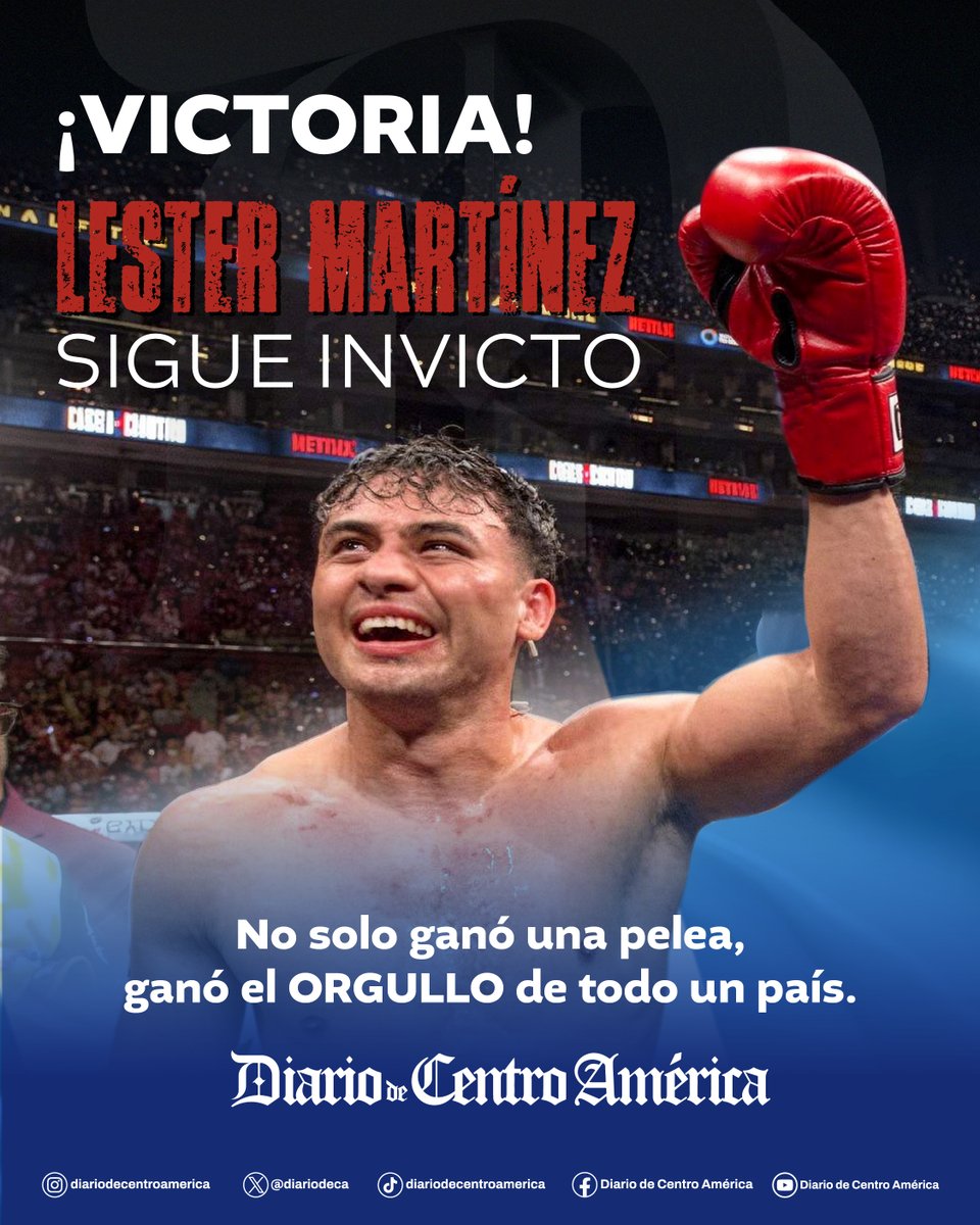 DiariodeCA's tweet photo. ¡Victoria que hace vibrar a toda la nación! 🇬🇹🥊

El guatemalteco Lester Martínez no solo subió al ring a pelear, subió a defender el sueño y el orgullo de Guatemala. Con determinación, coraje y corazón, demostró que cuando un país cree, no hay rival imposible.

Hoy celebramos más que un triunfo: celebramos la fuerza de nuestra gente, la disciplina de un campeón y la esperanza que inspira a miles de guatemaltecos.

¡Gracias por hacernos sentir tan grandes, Lester! 💙🔥

CAMPEÓN MUNDIAL DEL TITULO INTERINO SUPERMEDIANO DEL CMB 🏅

#Guatemala #LesterMartínez #Boxeo #OrgulloChapín #DCA #CMB #CampeónDeBoxeo