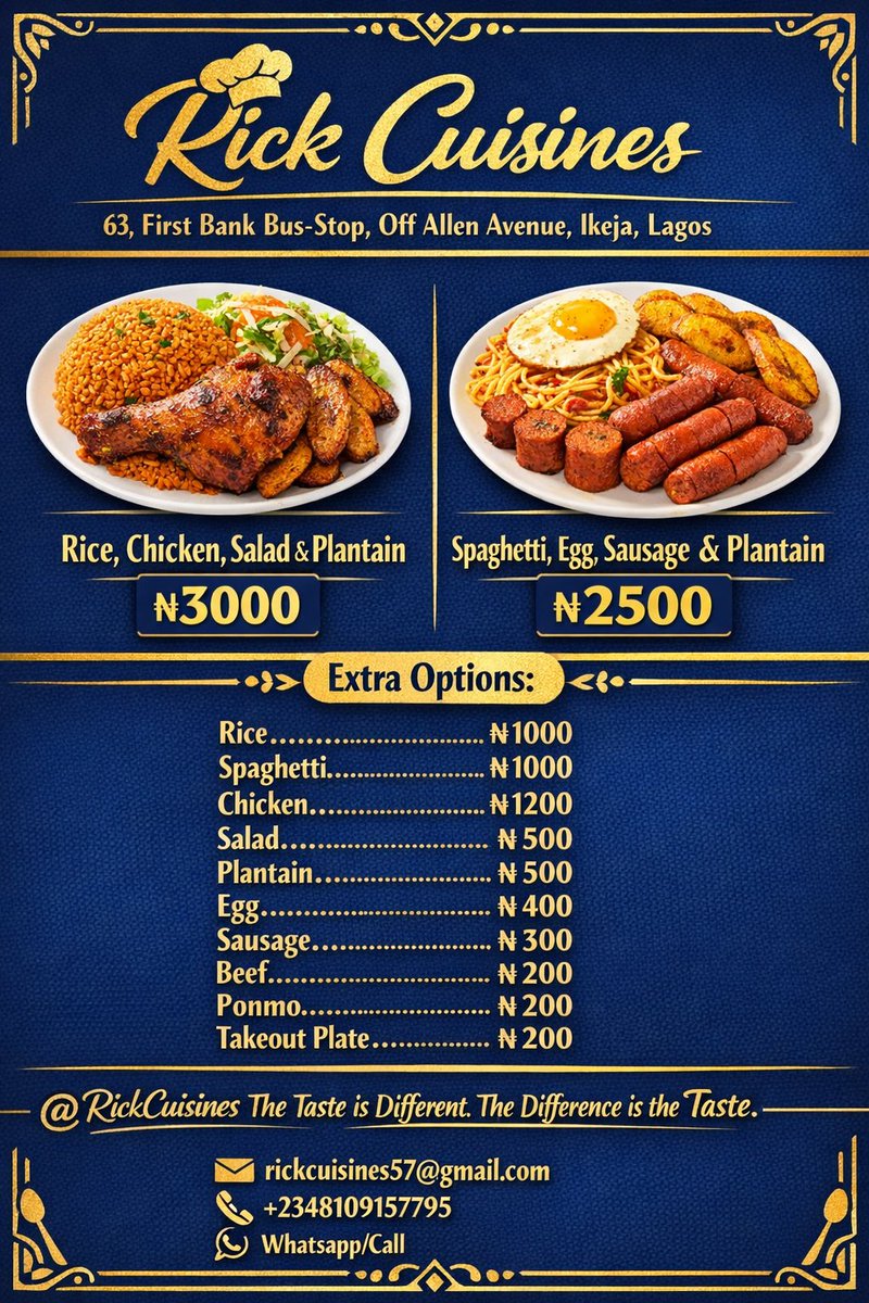 RickUmah's tweet image. If you're around Ikeja this  Monday being the 23rd of March, don't miss this tasty meal made by Chef Rick. 
#healthymeal #healthyliving #rickcuisine #investorneeded #finacialsuppot @vdmempire