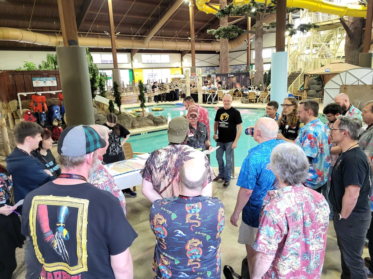 Chaosium_Inc's tweet image. Gary Con, Saturday: Horror on the Orient Express board game demos show off how cool this game is going to be; meanwhile, a massive multi-table Call of Cthulhu game is going on by the pool... watch out for Deep Ones!
#garycon #callofcthulhu #ttrpg