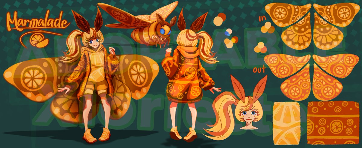 Xioriette's tweet photo. I have put an OC up for Adoption! 
Meet Marmalade!
An orange inspired Moth Girl! She's really sweet, clumsy and loves surprising her friends!

Minimum Price: $30
Includes: A full body render, A feral form and A reference sheet
https://t.co/5LlKQuHqi1 

#adoptables #ocartwork https://t.co/E1vwYez02C