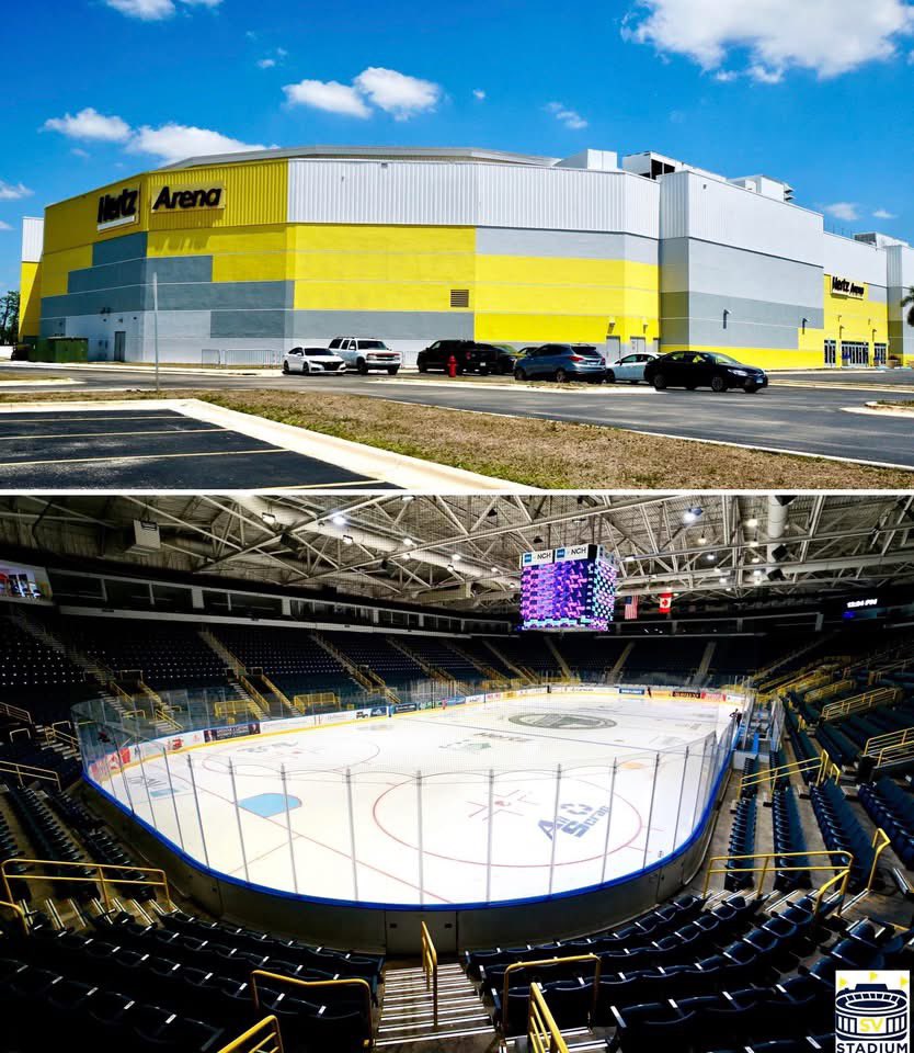 StadiumVagabond's tweet photo. 🏟️ Hertz Arena, Estero, FL 🟡◻️⚫️
📸 Circa 2025
🏒 Home of the Florida Everblades (ECHL) 🌴
🗓️ Opened: 1998
🪑 Capacity: 7,181
#HertzArena #FloridaEverblades #ECHL #EsteroFL #hockeyarena https://t.co/o02zSeduGY