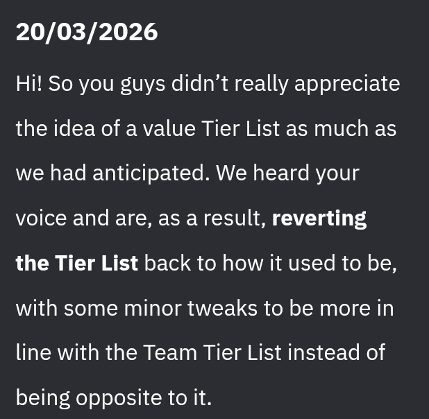 nekxiss's tweet photo. @Elveny_ @CEOOfCarlotta They revert the value tier list after getting backlash https://t.co/IfFMA4V0QT