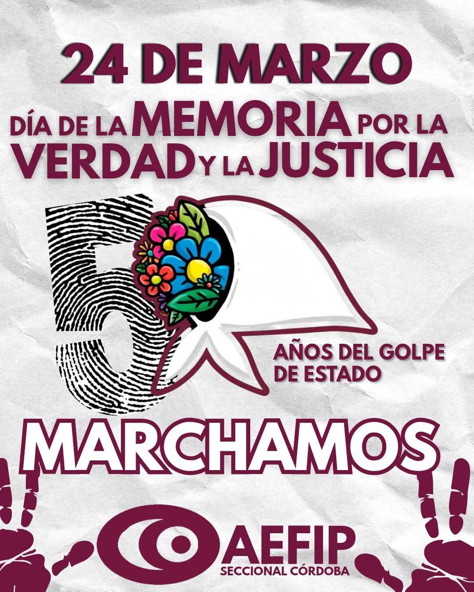 #MemoriaVerdadyJusticia #50años #El24Marchamos 🇦🇷 AEFIP CORDOBA <a href="/AefipM/">AEFIP-MDN</a> <a href="/tlvamosacontar/">telovamosacontar</a> <a href="/rausalinas/">Raul Salinas🇦🇷</a> <a href="/gabymaineri/">gabriela maineri</a> <a href="/ZARKES/">DANIEL KESHISHIAN</a> <a href="/mariazacosta/">maria acosta💚💜</a> <a href="/fabriciospablo/">Fabricio Suarez</a> <a href="/Aefipnqn/">aefip Secc. Neuquén</a> <a href="/AefipRosario/">AEFIP Rosario</a> <a href="/AEFIPBahia/">AEFIP Bahía Blanca</a>