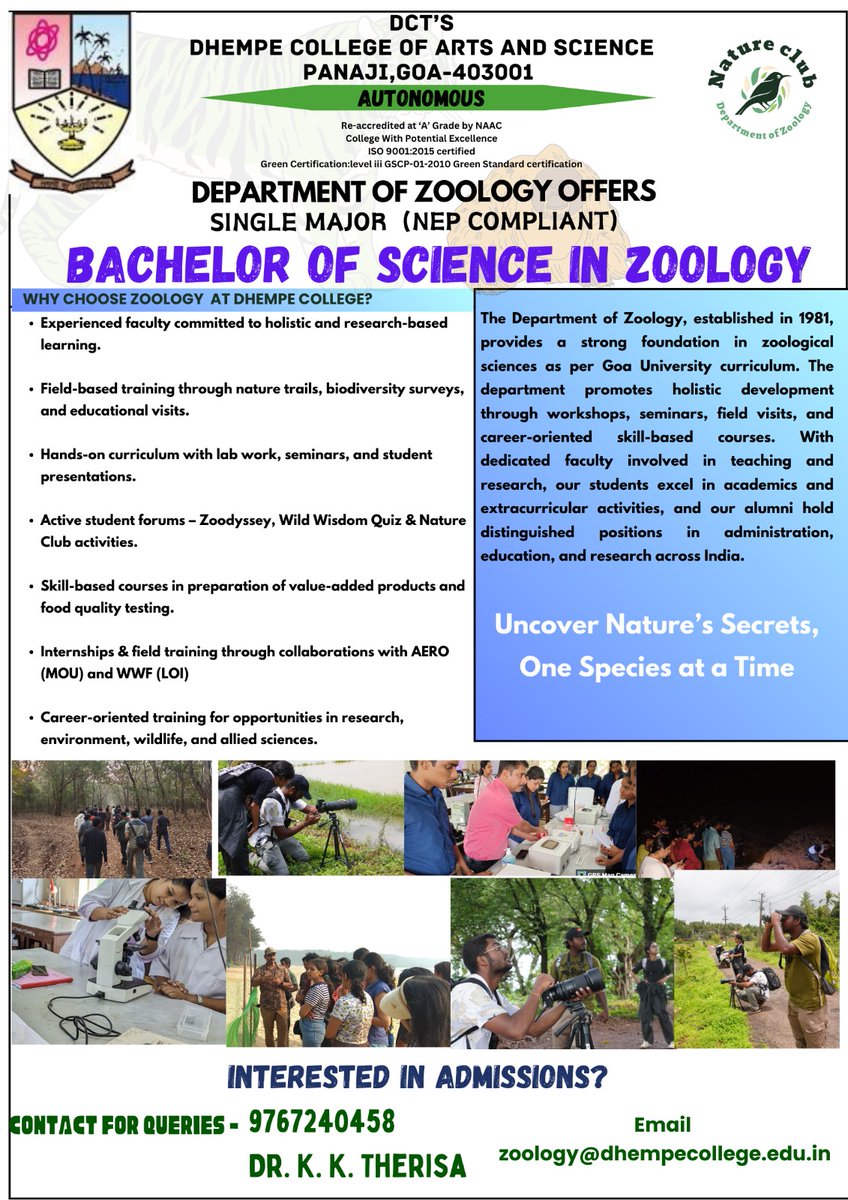 🧬🐾 Department of Zoology

The Department of Zoology offers an engaging blend of theoretical knowledge and hands-on practical learning, helping students explore the fascinating world of animal life and biodiversity.