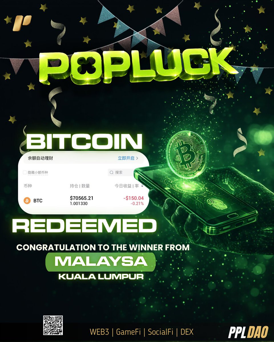 PPL_DAO's tweet photo. 💥💥💥💥💥💥💥
 【BTC Successfully Delivered — Fully Redeemed 🔥】

Yes — it’s already received.

👑 The winner has completed KYC
💰 1 BTC has been successfully claimed!

🎯 With just 5 tickets ($5 total),
walked away with ~$70,000 worth of BTC.

Congratulations to the winner from:
🇲🇾 Malaysia · Kuala Lumpur

PopLuck Lucky Draw — With just $1 per ticket, you get a chance to take home massive prizes.

And yes — it’s real, and it’s redeemable.
This win is now officially completed.

Brothers and sisters,
👉 Someone has already received BTC
👉 Someone has already cashed out

Will the next one announced be you?
🚀 PopLuck keeps paying out — join now!

https://t.co/K1E2rpi1Js
$1 today — a billion tomorrow!

PPLDAO - The world’s First on-chain entertainment–Driven WEB3-BASED super economy.

🎮GameFi > AirDrop.
🎬NFT character > Trendy collectible figures, art toys, designer toys, Animated Cartoons, Education Comics.
🎰PopLuck > Real Rewards.
💎Hashrate > Staking.
🔄DEX > Exchange.
🤖AI HFQT System > Trading.
💳USDT Card > Payment.

Play. Earn. Own. Spend. All in $PPL
https://t.co/U4hpn08gys