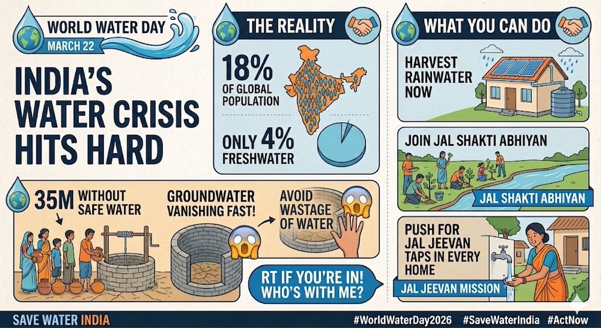 India’s groundwater is vanishing. 😱 We have 18% of the world's people but only 4% of its water.
The mission is simple:
✅ Harvest Rainwater 🌧️
✅ Stop Water Wastage 🚫💧
✅ Join #JalShaktiAbhiyan 🇮🇳
Don’t just watch the crisis—be the solution. 
RT if you're in! 💧🌍