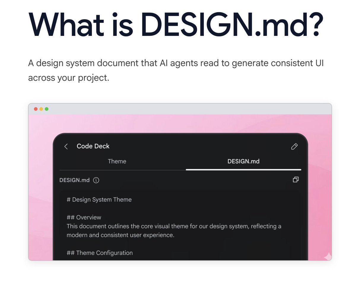 jzdevs's tweet photo. Google introduced DESIGN.md in Stitch.

Turns out… it’s Stitch-only.

That's a missed opportunity. A DESIGN.md that any tool (Figma, Cursor, etc) could read would improve AI design consistency.

#AI #userexperience #designsystems https://t.co/kQ2JyfOxhh