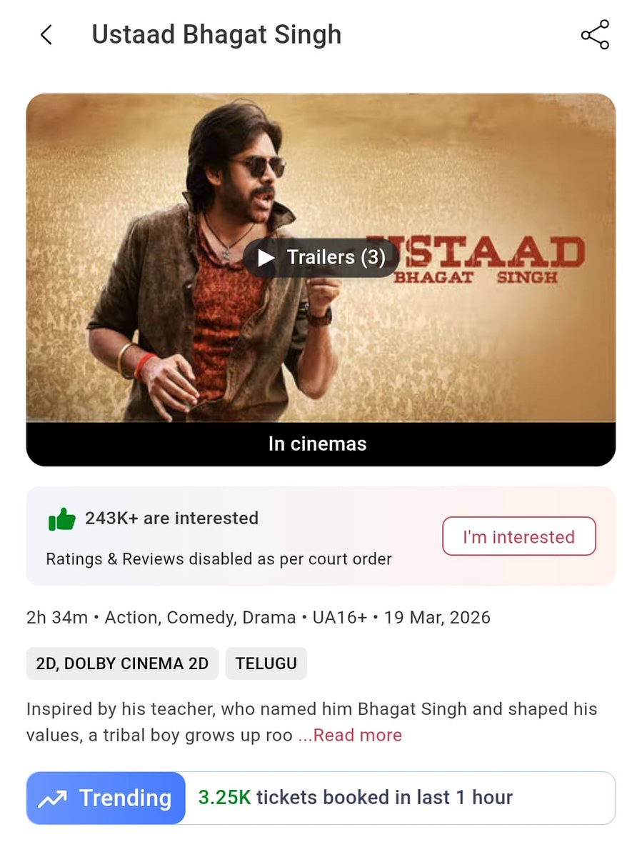 SureshSure58630's tweet photo. Early morning 3.4k trending๐
Evening and second shows pick up avuthundhi ๐ฅ
#BlockBusterUSB #UstaadBhagatSinghโ https://t.co/QIzEJmWuS6