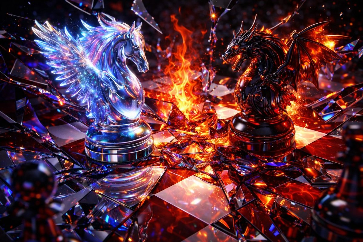 DarleyLance's tweet photo. Reflections led by refractions, two worlds #wavered into actions. A chessboard cracked in cosmic flame, Pegasus and Dragon staked their claim. No king, no queen; just mirrored might, rivals born of shattered light. #foxprose #vss365 #wavers https://t.co/fa6yKSJ2vR