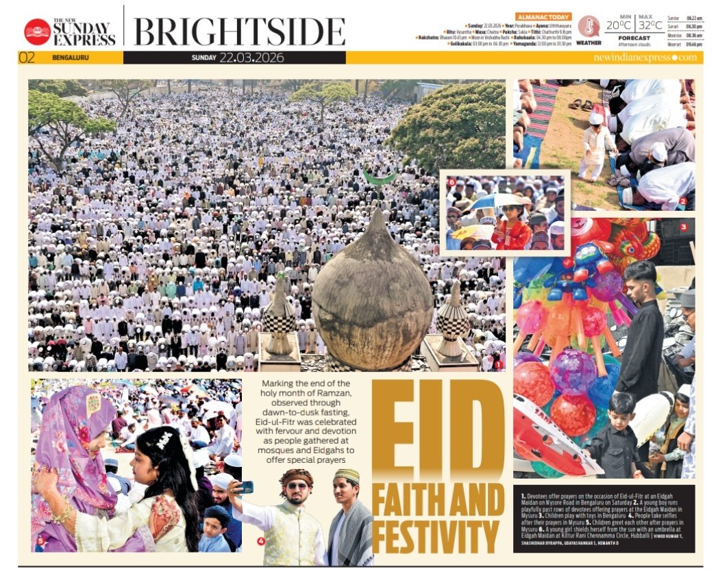 XpressBengaluru's tweet image. #BrightSide 
Marking the end of the holy month of Ramzan, observed through dawn-to-dusk fasting, Eid-ul-Fitr was celebrated with fervour and devotion as people gathered at mosques and Eidgahs to offer special prayers.
@santwana99 @Cloudnirad @KannadaPrabha