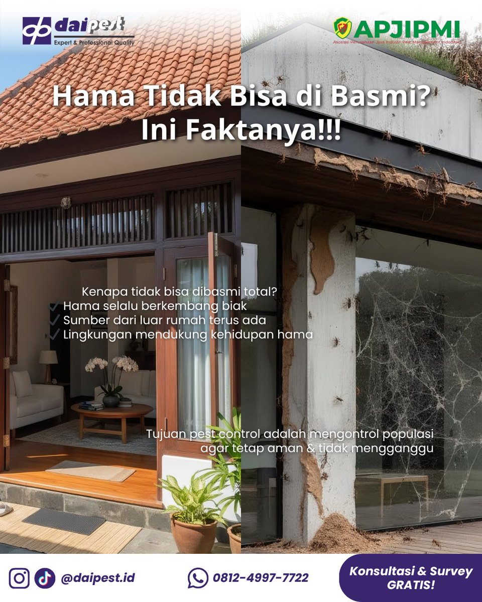 daipest's tweet photo. “Kenapa sudah disemprot tapi hama muncul lagi?” 😱

Karena hama tidak pernah benar-benar hilang.
Mereka hanya bisa dikendalikan, bukan dibasmi total.

Solusi? Bukan sekali treatment, tapi sistem yang berkelanjutan.

#PestControlSurabaya #PestControlSidoarjo https://t.co/BFtoaUUpf1