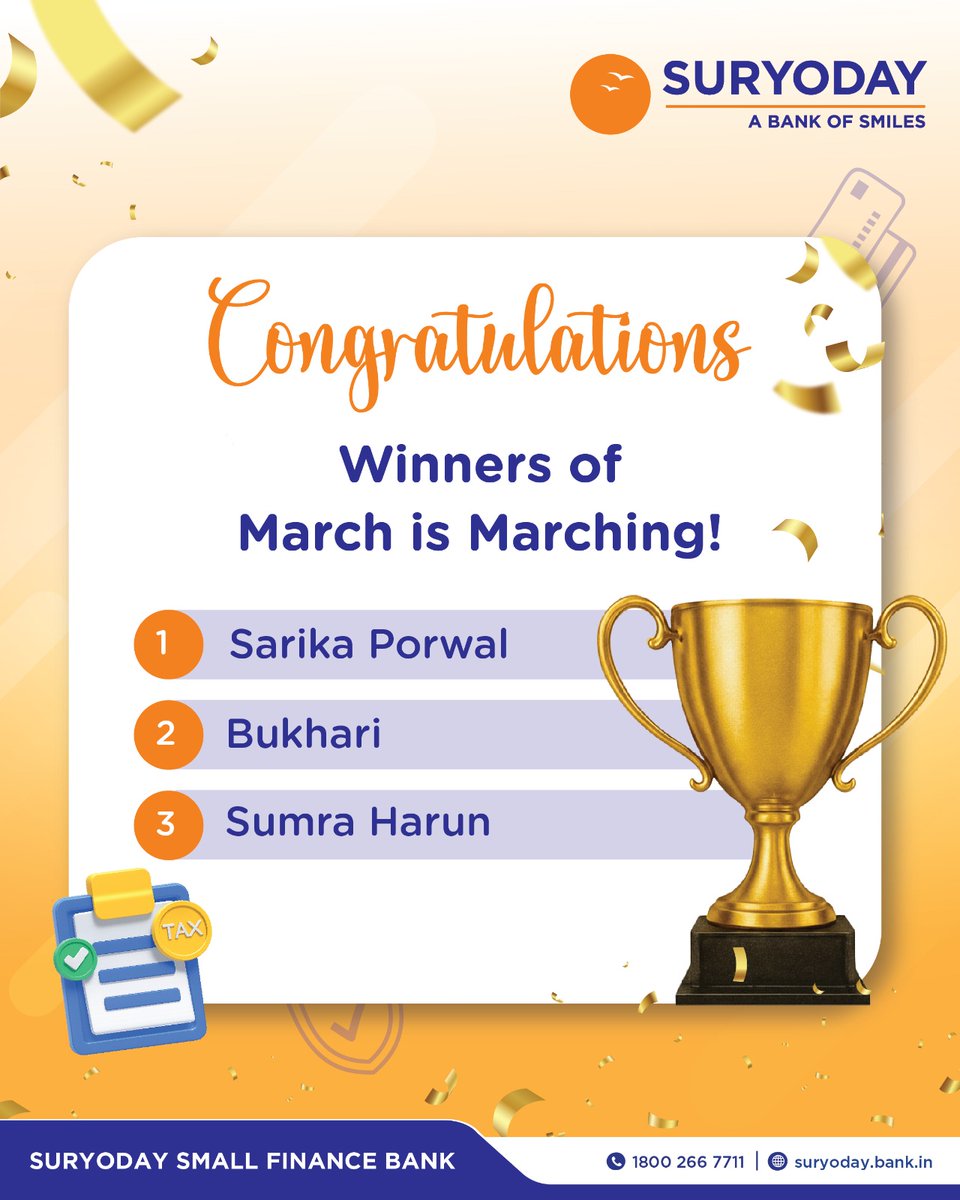 SuryodayBank's tweet image. Congratulations to all the winners of March is Marching contest!

Kindly DM / Inbox us your email ID to receive your prize. We look forward to your active participation in our further contests and spreading more smiles! 😊

#Winners #ContestWinners #SuryodayBank #BankOfSmiles