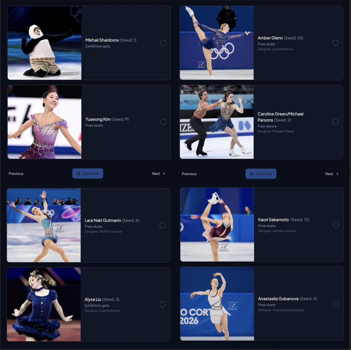 rockerskating's tweet image. 🗳️ Day 6 of March Clad-ness voting is open!

2nd of 2 Round of 32 days - the Left Backward and Right Backward sub-brackets are live - winners go on to the Round of 16!

✨live.rockerskating.com/games/cladness

+ Shaidorov EX v YSKim FS
+ Green/Parsons FD v Glenn FS
+ Liu EX v Gutmann FS
+