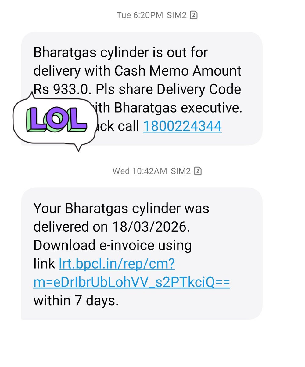 FRAUD by Bharat Gas.
I booked a gas cylinder, but it was never delivered. Still, the system shows “Delivered” and an invoice has been generated. This is completely unacceptable and misleading.Take immediate action and resolve this issue.
<a href="/PetroleumMin/">Ministry of Petroleum and Natural Gas #MoPNG</a> <a href="/BPCLimited/">Bharat Petroleum</a>  #BharatGas