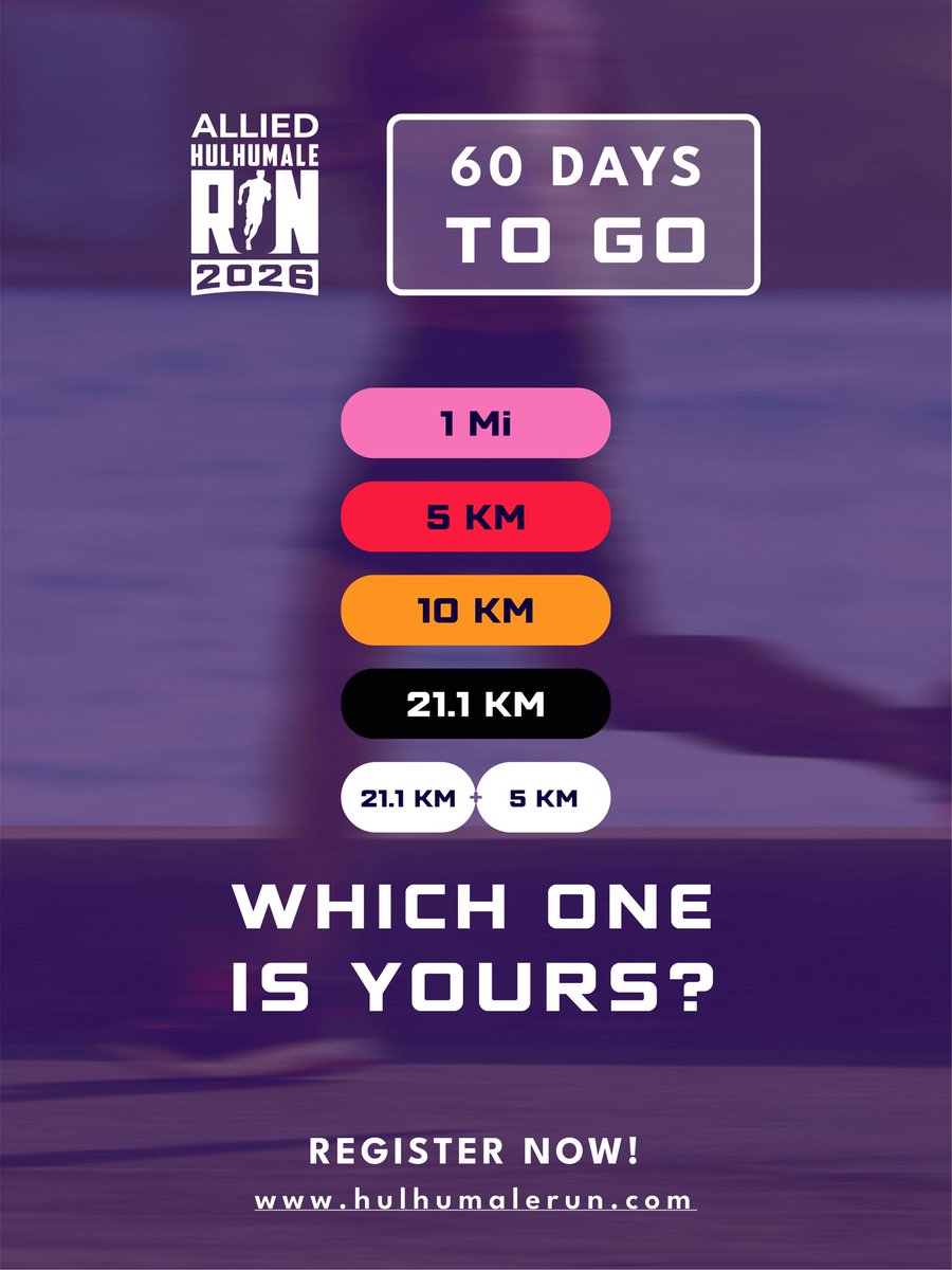 hulhumalerun's tweet photo. 60 days to race day.

Now it’s your turn to choose.

Whether you’re starting with the 5KM, stepping up to the 10KM, taking on the Half Marathon, or pushing further with the Dual Category Challenge — your journey begins here.

Secure your spot today.

📅 22 May 2026
📍 Hulhumale Central Park

🔗 Register now:
https://t.co/uYo0EAEIUB

Run for a Reason. Every Step Matters.