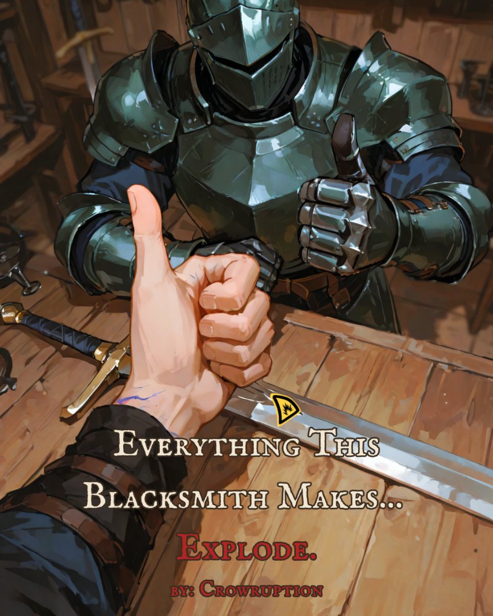 Onlycraaaw's tweet photo. Scene from Chap 2 of :

Everything This Blacksmith Makes... Explode. 

Read it at :
- Webnovel
- Royal Road
- Wattpad
- Scribble Hub

#novel #lightnovel #bookstoread #bookie https://t.co/kK0wk2Lyho