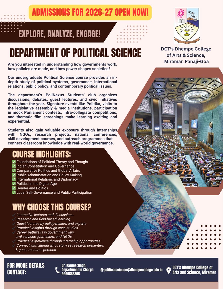 🏛️✨ Department of Political Science

The Department of Political Science offers a vibrant space to understand governance, public policy, international relations, and contemporary political issues.