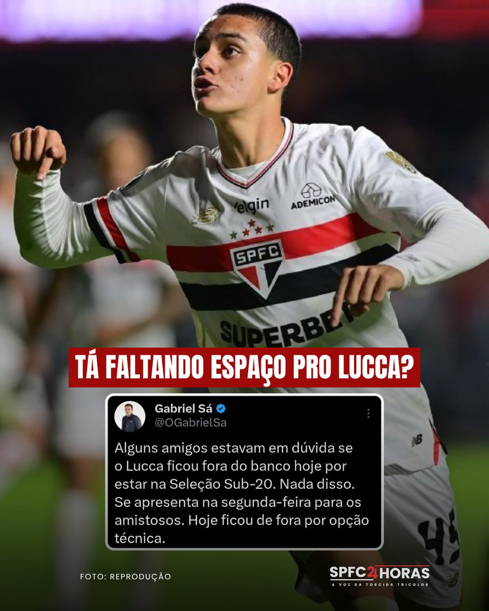 O jovem Lucca perdeu espaço no São Paulo, ele teve uma lesão recente, mas mesmo antes ou depois, tá tendo poucas oportunidades...

É um jogador de velocidade e que vinha em crescimento. Em 2026 foram 6 jogos pelo Tricolor, pouco ou merecido?