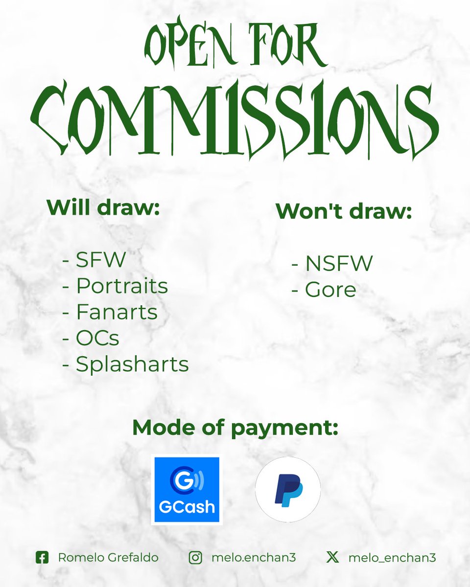 melo_enchan3's tweet photo. OPEN FOR COMMISSION
Just need extra money for thesis expenses

Will draw:
- SFW
- Portraits
- Fanarts
- OCs
- Splasharts

Won't draw:
- NSFW
- Gore

Mode of Payment:
- GCash
- PayPal

If you're interested, message me on my Facebook, Instagram or X ✨✨✨ https://t.co/QZMx6FyMhz