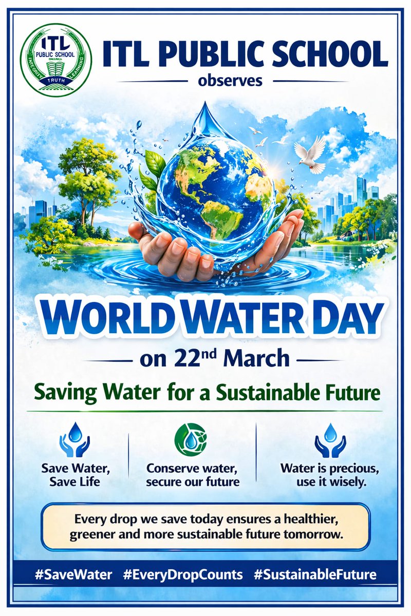 💧 Small steps today, a sustainable tomorrow! 🌍

On World Water Day, ITL Public School urges everyone to value and conserve water. Let’s act responsibly and protect this precious resource for future generations. 

Save Water. Secure the Future.