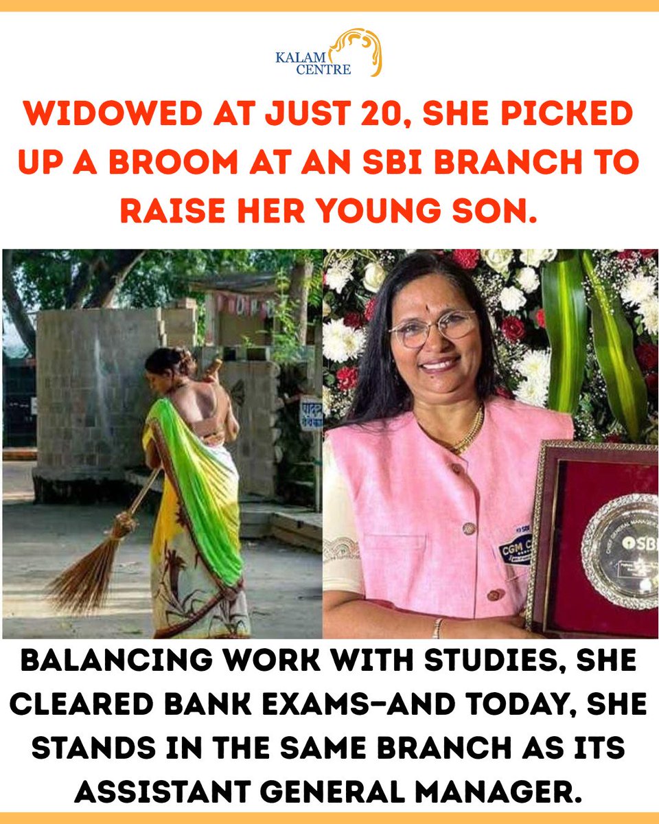 KalamCenter's tweet photo. From sweeping floors to shaping destinies, Pratiksha Tondwalkar’s life reads like a story written by courage itself.

She was born in Pune to parents who struggled to make ends meet. Before she could even understand her own dreams, life rushed her into responsibilities. At just 16, she was married. Schoolbooks were replaced with household duties. Education — the door she had barely touched — was shut too soon.

By the age of 20, fate struck again. She was widowed, holding a small child in her arms and a future filled with uncertainty. Society looked at her with pity. Circumstances tried to label her as helpless.

But Pratiksha refused to accept that label.

To feed her son and survive with dignity, she took a job as a sweeper at a Mumbai branch of State Bank of India. Every morning, she cleaned floors others walked on. She dusted desks where decisions were made. Her salary was small, but her spirit was unbreakable.

While the world slept, she studied.

After long days of physical labour, she opened books at night — tired eyes, aching body, but a mind burning with hope. Page by page, she reclaimed what life had once taken away. That determination led her to earn a degree in psychology — not as a privilege, but as a victory.

Slowly, quietly, change began.

Her dedication was noticed.
From sweeper to clerk.
From clerk to officer.
From officer to leadership.

Each promotion carried the weight of years of struggle, tears, and resilience.

During this journey, life gave her a partner who believed in her when it mattered the most. Her second husband, Pramod Tondwalkar, stood beside her — encouraging her to prepare for banking exams, supporting her ambitions, and sharing the responsibility of raising their children. For the first time, her dreams were not carried alone.

Step by step, she rose — not by shortcuts, but by strength.

And one day, the same institution where she once cleaned floors entrusted her with leadership. Pratiksha Tondwalkar rose to become CGM and ultimately Assistant General Manager of SBI — a position of authority, respect, and responsibility.

Her journey proves something powerful:

No work is small.
No beginning is weak.
No destiny is fixed.

Sometimes, the hands that clean the floor today are the ones that lead tomorrow.

Pratiksha didn’t just change her life —
she redefined what courage looks like.

#FromSweeperToLeader #UnbreakableWoman #RiseAgainstOdds #GritAndGrace #WomenWhoInspire #NothingIsImpossible #IndianInspiration #HardWorkPays #BelieveInYourself #StrongerThanCircumstances #RealLifeHero #CourageInAction #DreamBigWorkHard