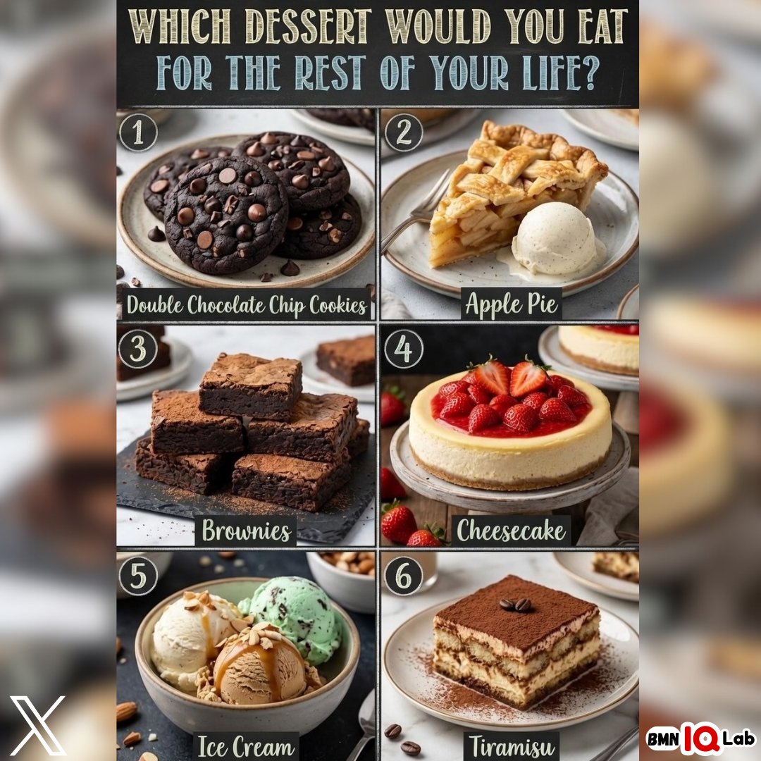BenefitMoreNow's tweet image. Only ONE dessert for life… what’s your final choice? 🍰😈
No switching. No cheating. Just ONE forever… 👀
🍫 Double Chocolate Chip
🥧 Apple Pie
🍩 Brownies
🍰 Cheesecake
🍨 Ice Cream
😋 Tiramisu
Choose wisely… this is serious 😏👇
#dessert #chooseone #hardchoices