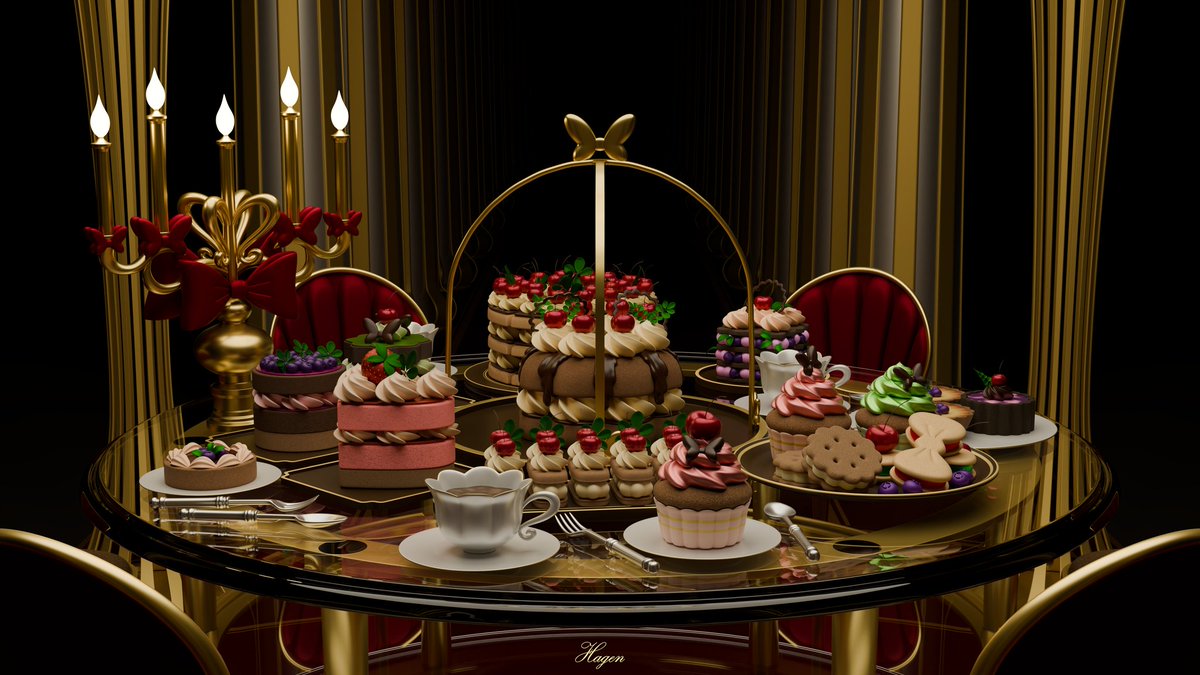 FaiHagen's tweet image. I used Blender to model a luxurious dessert tableau—an exquisite 3D 4K artwork where shimmering gold accents intertwine with mouthwatering desserts, creating a sense of refined luxury and an irresistible indulgence. 4K Scene 1  #blender #3dmodeling #3db #3dart #dessert