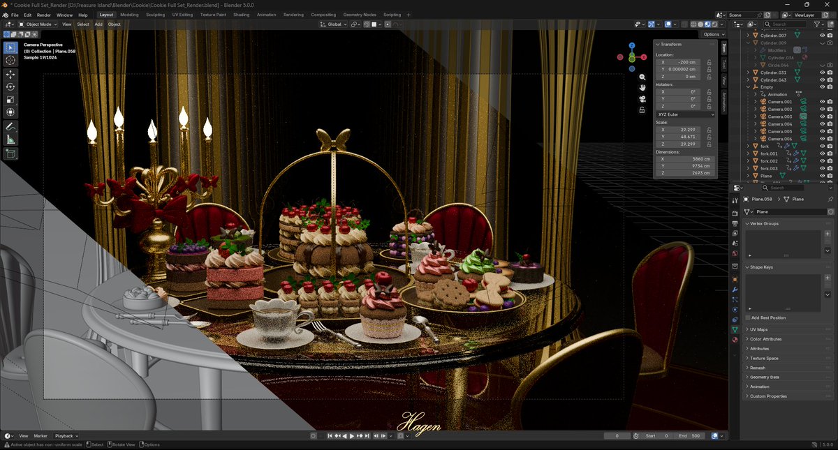 FaiHagen's tweet image. I used Blender to model a luxurious dessert tableau—an exquisite 3D 4K artwork where shimmering gold accents intertwine with mouthwatering desserts, creating a sense of refined luxury and an irresistible indulgence. 4K Scene 1  #blender #3dmodeling #3db #3dart #dessert