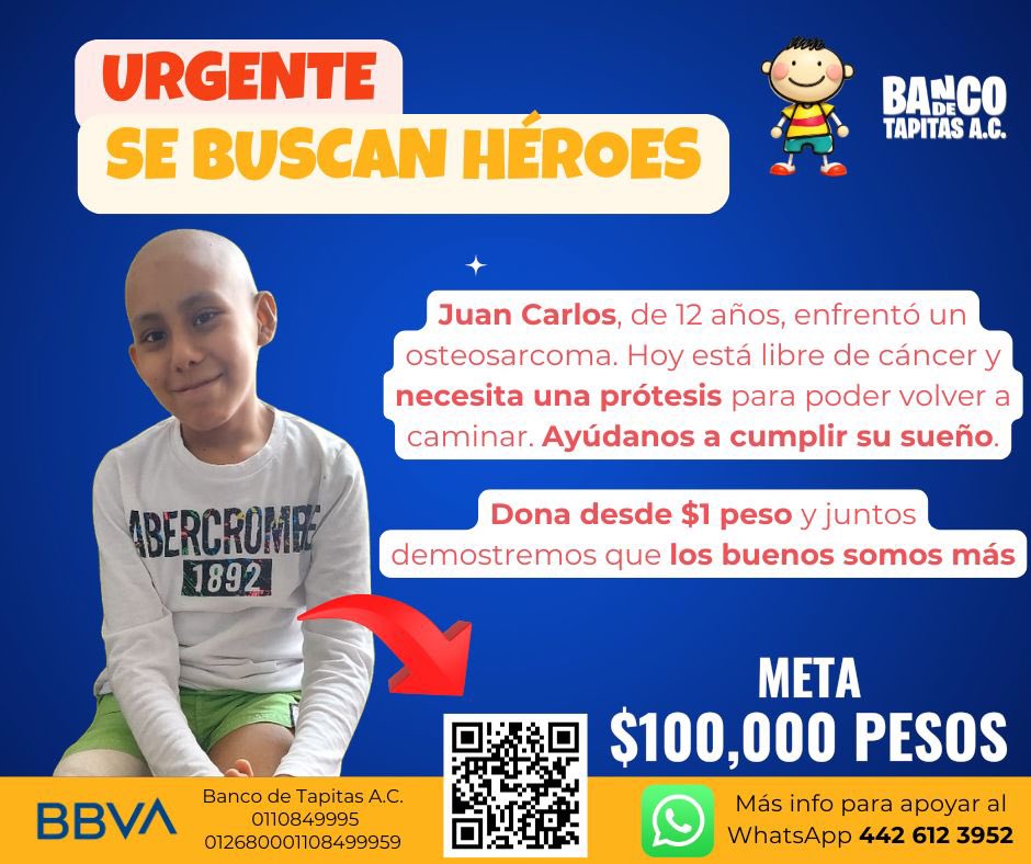 🚨 URGENTE: SE BUSCAN HÉROES 💛

Juan Carlos tiene 12 años.
Enfrentó un osteosarcoma… y hoy, gracias a Dios, está libre de cáncer 🙏. Pero su lucha aún no termina.
Hoy necesita una prótesis para volver a caminar.

Con tu apoyo podemos cambiar su vida. Dona desde $1 peso.

🎯