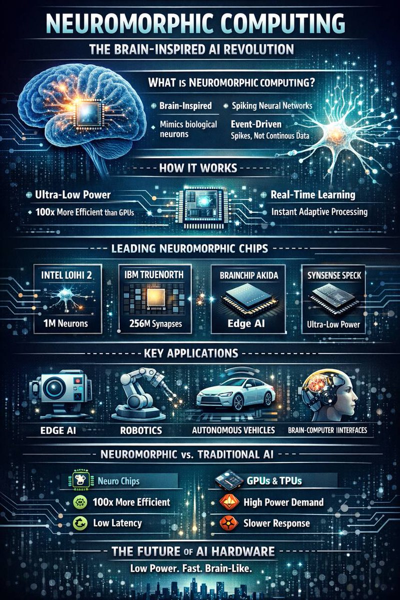 RakshanKangovi's tweet photo. #NeuromorphicComputing : The Brain-Inspired Technology Revolutionizing #AI
Discover neuromorphic computing - brain-like chips powering ultra-efficient AI. Learn how this technology outperforms GPUs and transforms edge computing.
#semiconductors #gpu
https://t.co/qvfNwWgITA https://t.co/T5UjWZZ0El