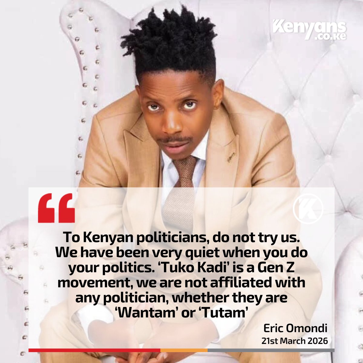 Kenyans's tweet photo. ‘Tuko Kadi’ is a Gen Z movement, it's not affiliated with any politician - Eric Omondi https://t.co/8au3JUbFEA