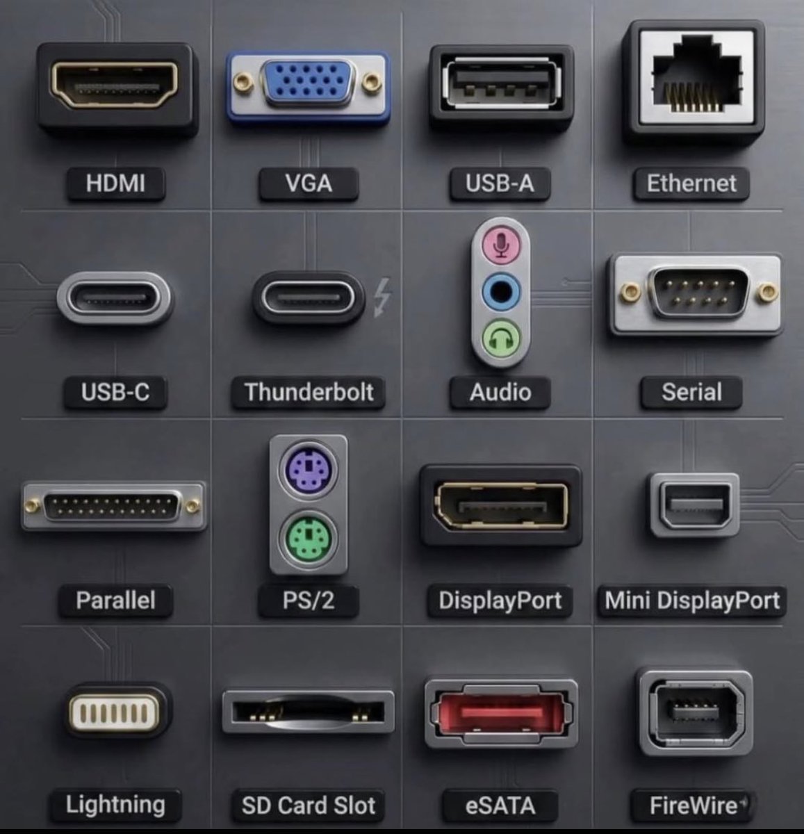 Mhadaidi's tweet photo. دليلك الشامل لأهم منافذ الأجهزة في صورة واحدة 🖼️ 

🔹 للشاشات: HDMI, VGA, DisplayPort.
🔹 للبيانات: USB-C, Thunderbolt, eSATA.
🔹 للانترنت: Ethernet.
🔹 للمصورين: SD Card Slot. https://t.co/BQ5GaNzkQg