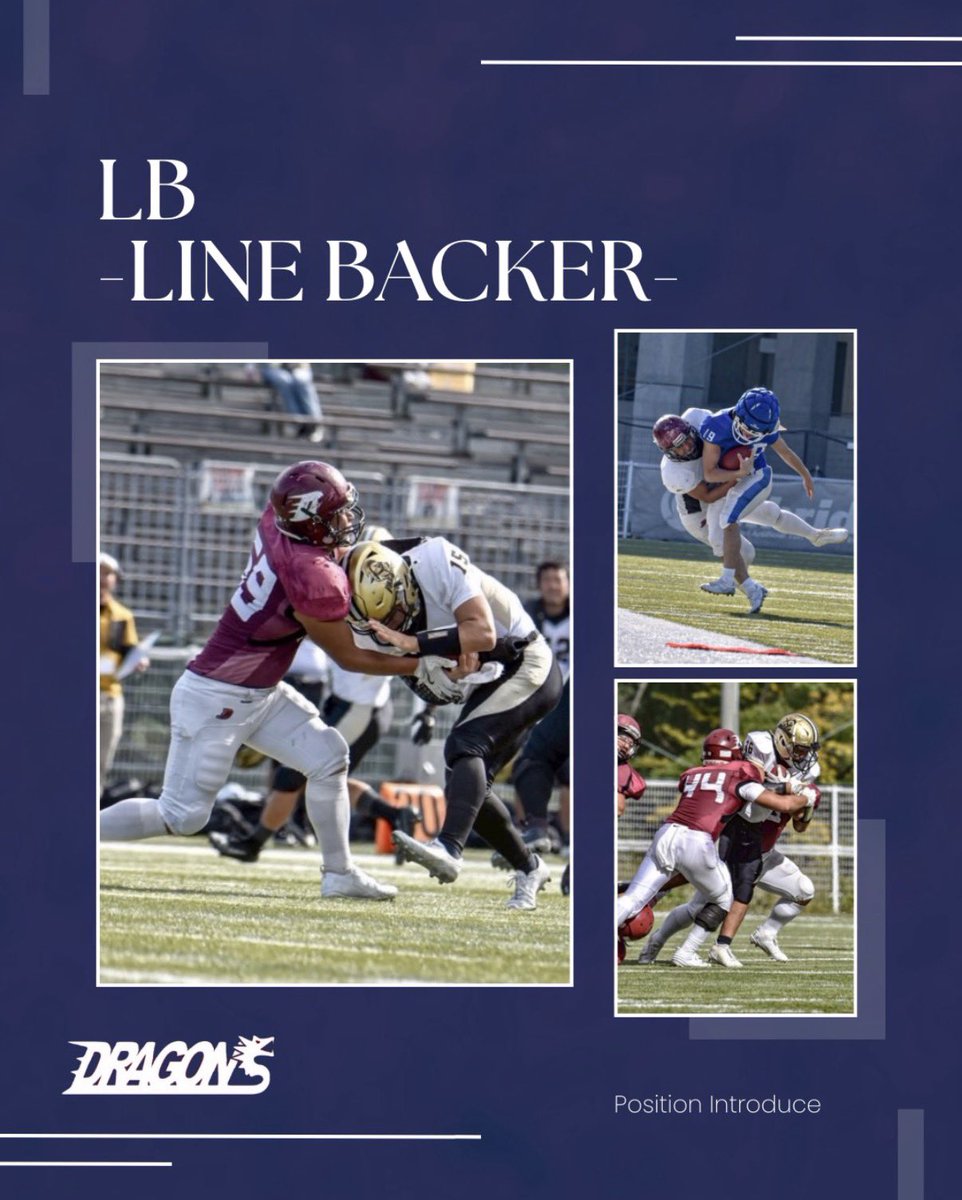 2026DRAGONS's tweet photo. 【ポジション紹介】
-LB （ラインバッカー）-
ディフェンスの頭脳🧠
状況を見て素早く反応し、プレーを止めます。
賢く、速く、強く戦う"炎のタックラー”🔥
まだまだ魅力的なポジションがたくさん！！
次のポジション紹介もお楽しみに📣

＃アメフト ＃新歓 ＃大阪教育大学 #春から大教
#DRAGONS https://t.co/O2NPgKNOpm