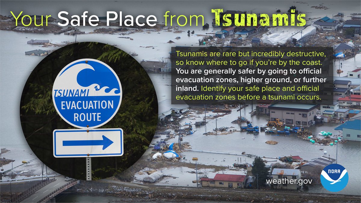 NWSAlaska's tweet photo. 🌊 Know your safe place before a tsunami happens.

If you���re near the coast:
⬆️ Go to higher ground
➡️ Move inland
📍 Follow evacuation route signs

#TsunamiPreparednessWeek @NWS_NTWC https://t.co/ftkX2VwKV7