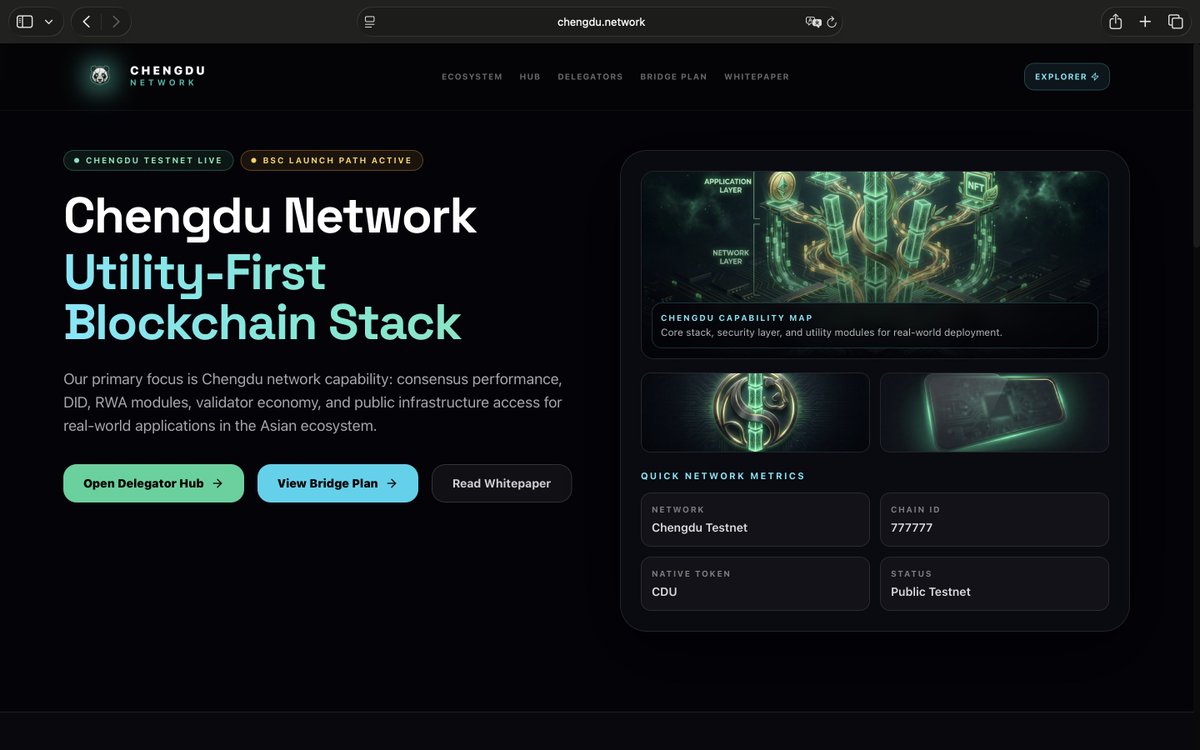 chengdu_network's tweet photo. Chengdu NetworkUtility-First Blockchain Stack. Our primary focus is Chengdu network capability: consensus performance, DID, RWA modules, validator economy, and public infrastructure access for real-world applications in the Asian ecosystem. https://t.co/sLGTSdtNBy