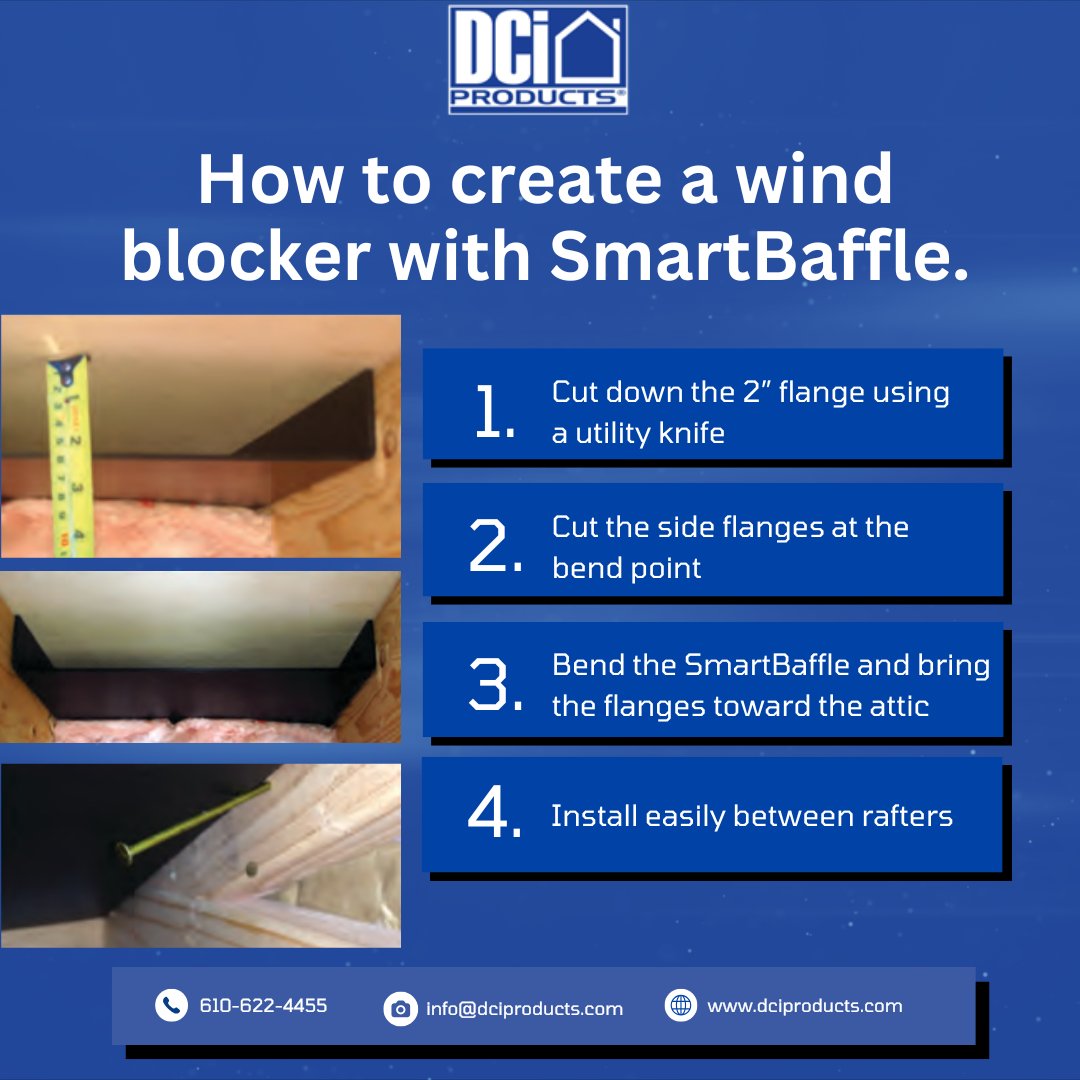 dciproducts's tweet photo. How to create a wind blocker with SmartBaffle.

1️⃣ Cut down the 2″ flange using a utility knife
2️⃣ Cut the side flanges at the bend point
3️⃣ Bend the SmartBaffle and bring the flanges toward the attic
4️⃣ Install easily between rafters

https://t.co/JwSKvFk24m

📞 610-622-4455 https://t.co/oYALLzckIx