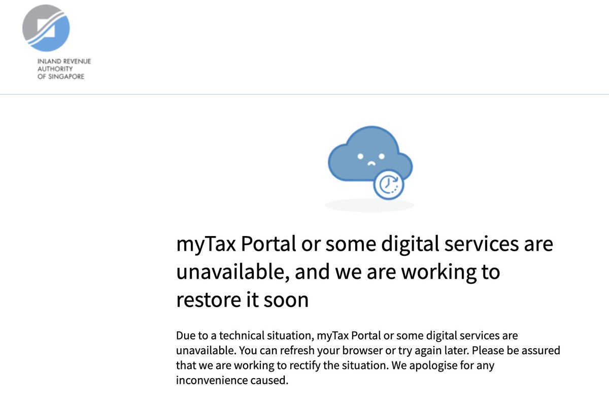 compilingfreak's tweet photo. @IRAS_SG Your system is down every weekend. When are you planning to fix it so people can file their taxes? Seeing the same error for the last 2-3 weeks. https://t.co/wymJi52Inm