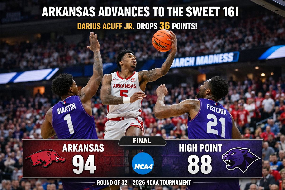 rahman_sai82541's tweet image. 🏀 March Madness | 2nd Round
No. 4 Arkansas Razorbacks 🇦🇷 survive a thriller vs. No. 12 High Point Panthers 🐾 — 94–88 to advance to the Sweet 16!

More New Link : sily.ink/Cy9VM

#MarchMadness #HogsWin #GoRazorbacks