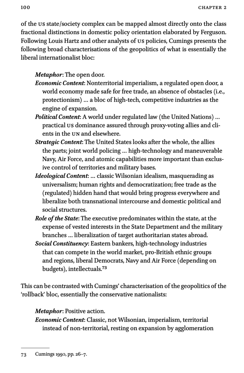 ContingentWest's tweet photo. Cumings on class fractions of US Empire (20th c): 
1) Eastern capital capable of competing globally; favored state sovereignty, international orgs &amp; economic integration 
2) Weaker sunbelt capital; hoped to maintain itself thru more direct imperialism modeled after Indian Wars https://t.co/1k8LtQu2Gw