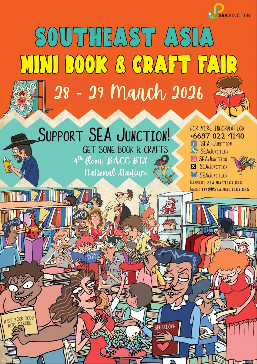 📚 Southeast Asia Mini Book &amp; Craft Fair
🗓 28–29 มีนาคม 2569
⏰ เวลา 11.00–19.00 น.
📍 SEA Junction ห้อง 407–8 ชั้น 4
หอศิลปวัฒนธรรมแห่งกรุงเทพมหานคร (BACC)
กิจกรรมประจำเดือนจาก SEA Junction!
#SEAJunction #BookFair #SEAcrafts #SoutheastAsia