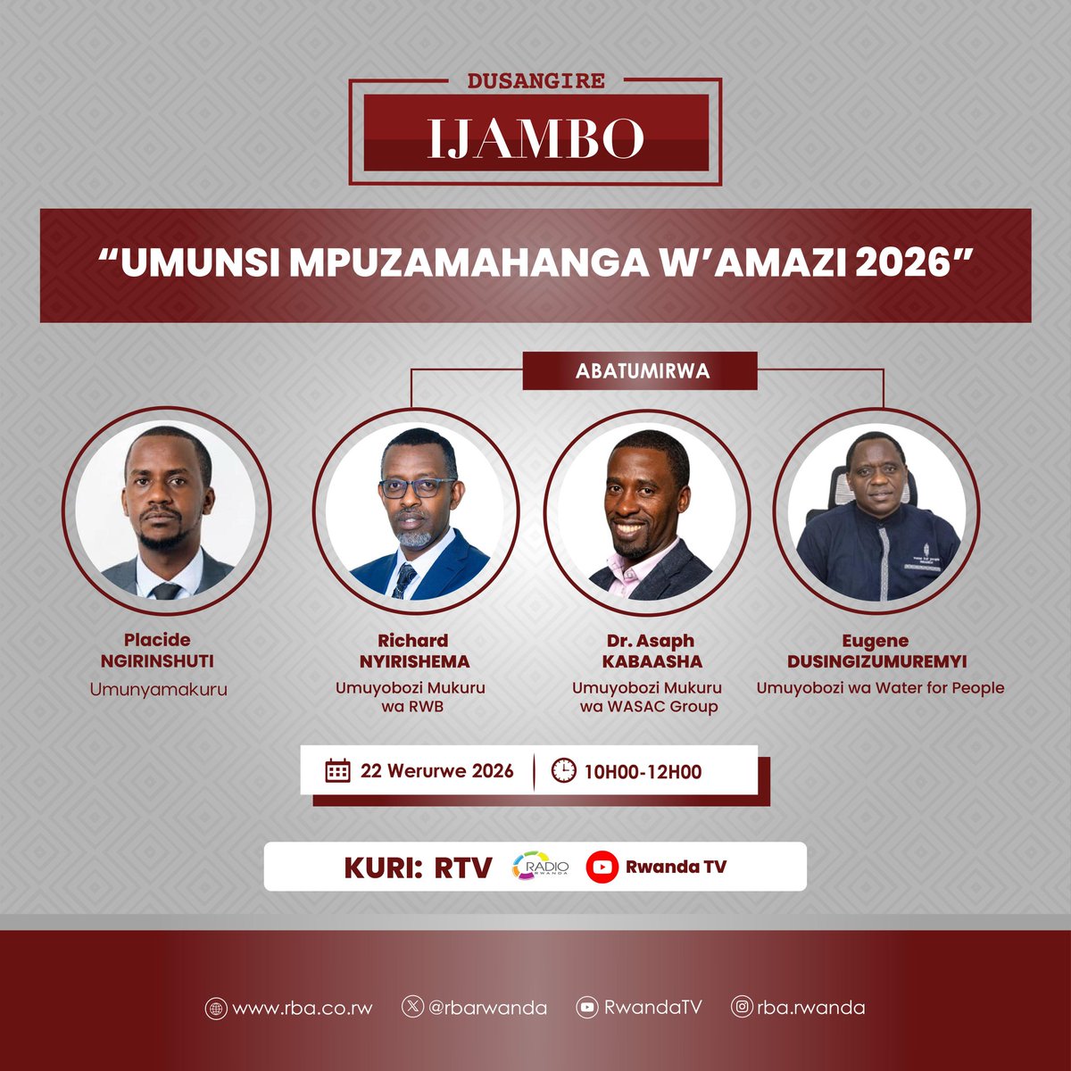 wasac_rwanda's tweet photo. Happy International Water Day 2026! With the theme "Water and Gender: Where water flows, equality grows," #WASACGroup remains committed to providing inclusive and sustainable water solutions for all by 2030. 💧
Twifurije Abanyarwanda bose muri rusanjye n'Abafatabuguzi bacu Umunsi Mpuzamahanga w'Amazi Mwiza. Turabararikira gukurikira ikiganiro DUSANGIRE IJAMBO kinyura kuri Radio Rwanda na Televiziyo y'u Rwanda guhera 10h00 AM - 12h00 PM kigaruka kuri uyu munsi. #AmaziniUbuzima💧