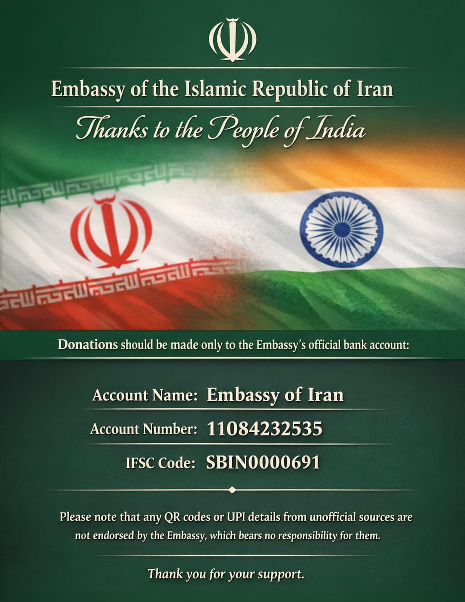 Iran_in_India's tweet photo. @AJKSAOfficial @khamenei_ir @imranrezaansari Thank you for your expression of sympathy.
You may kindly make your contributions directly to the Embassy’s bank account. https://t.co/BCSf7PNdHG
