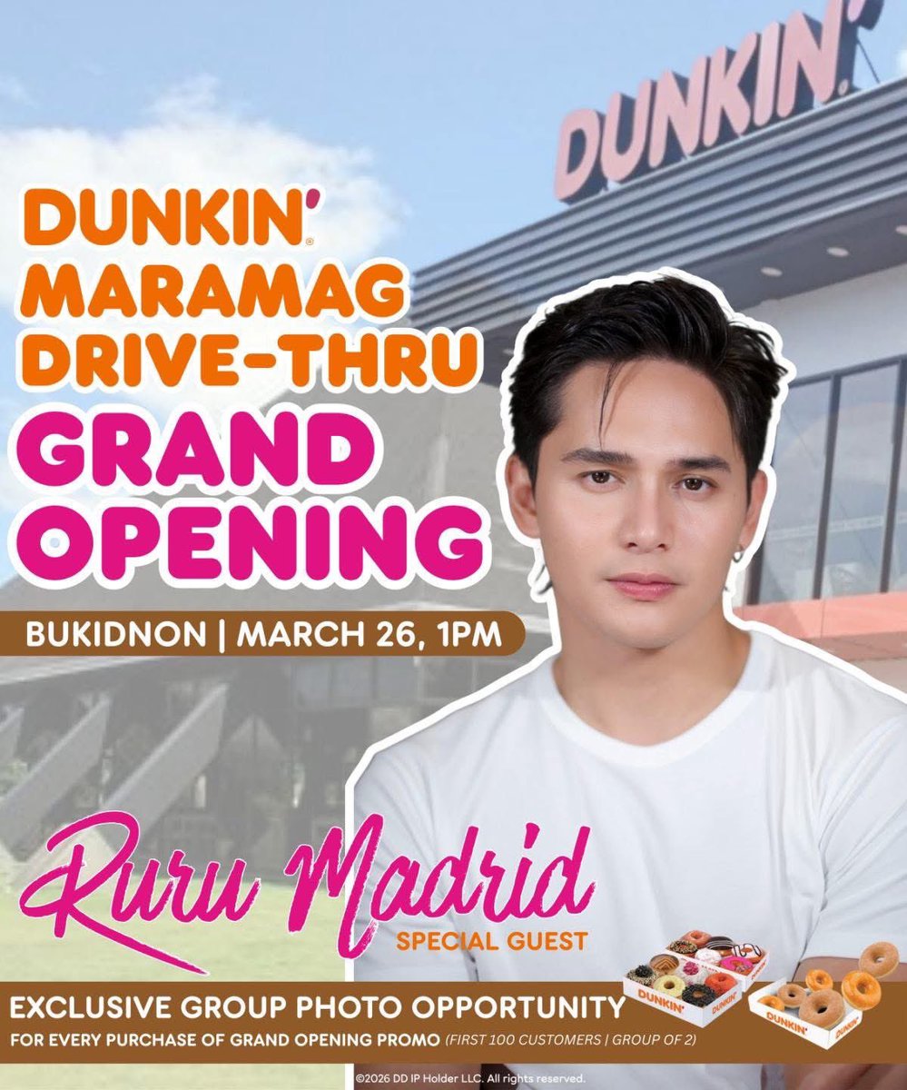 Bukidnon, it’s Dunkin’ time! 🍩🔥
Let’s go Rurunatics from Bukidnon—see you sa Maramag Drive-Thru with Ruru Madrid this March 26! 💙 #DunkinPH #RuruMadrid  <a href="/Rurumadrid8/">Ruru Madrid</a>