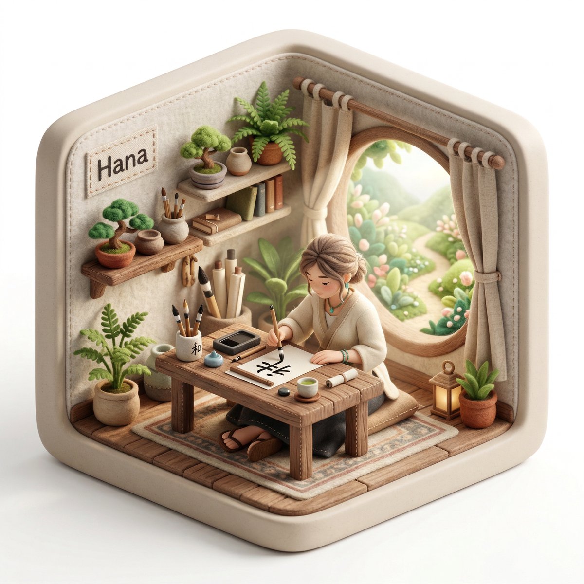 Preda2005's tweet photo. Build your own tiny world

🍌 Nano Banana 2

🎨 Copy & paste ⤵️

Create a 3D isometric diorama illustration of an original character named [CHARACTER NAME], peacefully working or practicing a creative activity in a nature-inspired environment, sitting at a wooden desk near a large open window with sunlight flowing in and soft greenery visible outside.

The character should be inspired by [ARCHETYPE / PROFESSION – e.g. writer, painter, meditator, calligraphy artist, tea master] and have a unique visual identity, including soft, natural clothing, organic textures, and a calm, introspective personality.

The entire scene must have a handcrafted felt aesthetic, with soft rounded shapes, visible stitching details, and clean, polished textures.

The diorama is enclosed inside a rounded cube structure with subtle hexagonal proportions, made of [MATERIAL STYLE – e.g. soft matte ceramic, light frosted resin, natural wood finish].

The environment must strongly reflect a peaceful, nature-connected lifestyle, including plants, natural wood furniture, soft textiles, and minimalistic decor.

On the desk, include small detailed objects such as [OBJECT 1 – e.g. tea cup], [OBJECT 2 – e.g. brush or pen], [OBJECT 3 – e.g. notebook or scroll].

Lighting should be bright, soft, and natural, with warm sunlight beams entering through the window, creating a serene and airy atmosphere, with a clean white background outside the diorama.

Render in 1080x1080, ultra-detailed, photorealistic style.

Include a small stitched fabric name tag sewn onto the INNER wall of the diorama (top-left corner inside the cube), clearly integrated into the scene, not floating and not outside the structure, displaying the name: [CHARACTER NAME].